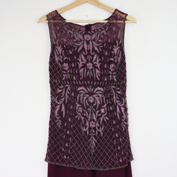 Pisarro Nights Beaded Bodice Mock Two-Piece Gown Maxi Dress Embellished Plum 2 - Picture 7 of 10
